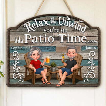 Personalized Wooden Sign, Relax & Unwind Patio Time Couple Cartoon, Unique Gift for Patio Lovers