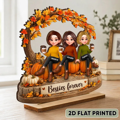Personalized 2-Layer Wooden Plaque, Sitting Friends With Coffee, Autumn Pumpkin Scene, Unique Gift For Close Friends