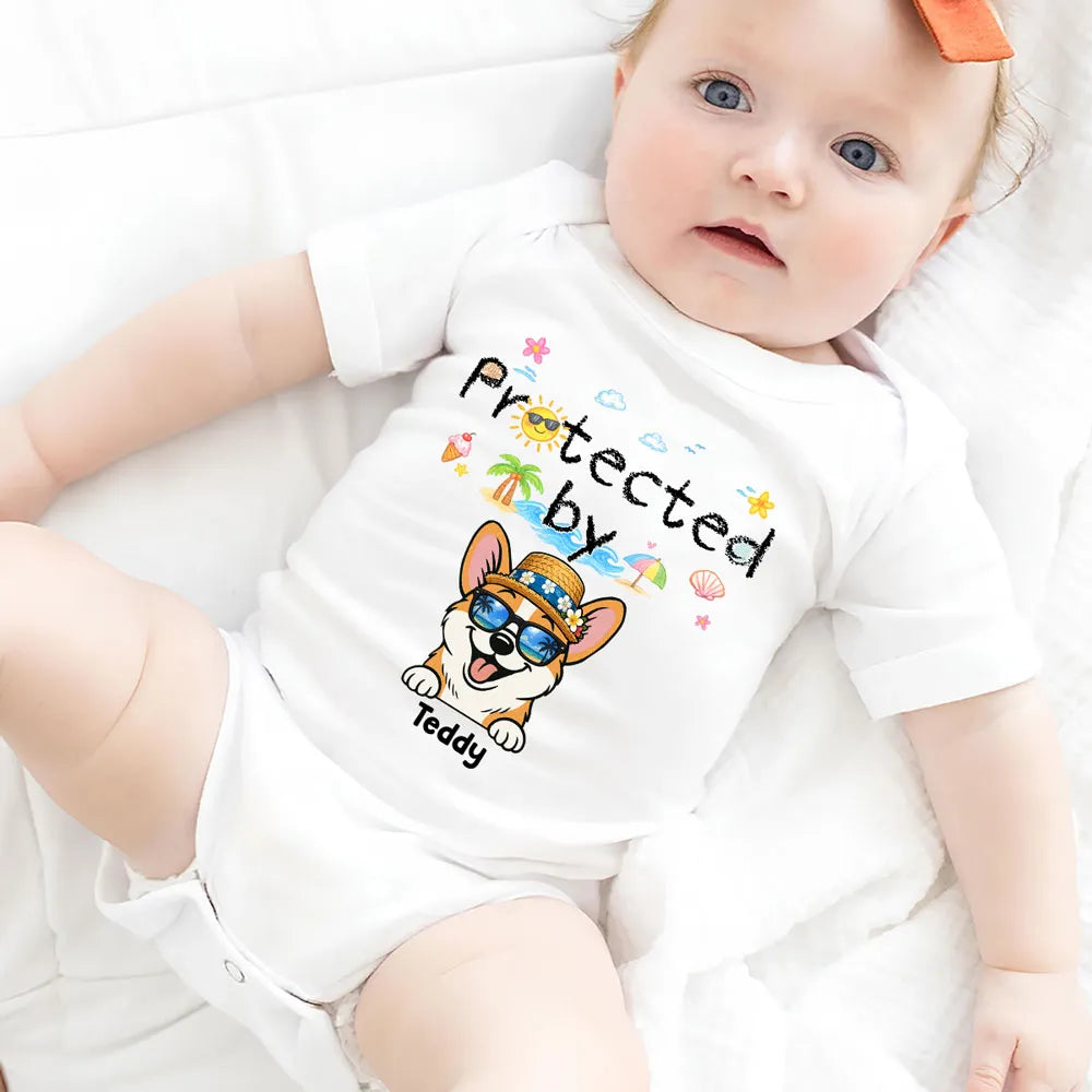 Protected by Summer Dogs Personalized Short Sleeve Baby Onesie, Unique Creative Gift for New Parents