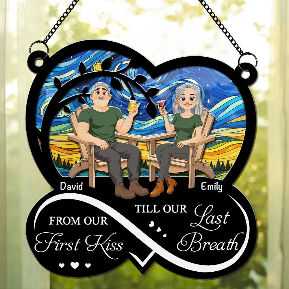 Personalized Wood & Acrylic Layered Ornament, Seated Couple Sunset Scene, Unique Gift for Couple
