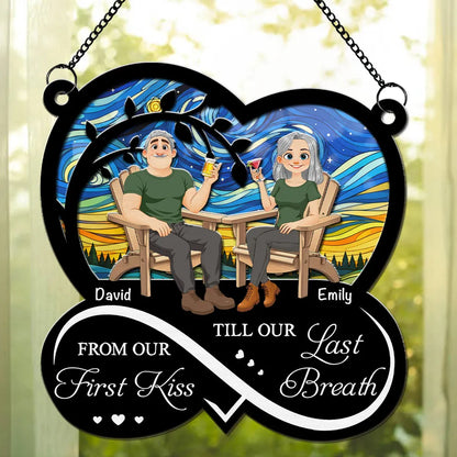 Personalized Wood & Acrylic Layered Ornament, Seated Couple Sunset Scene, Unique Gift for Couple
