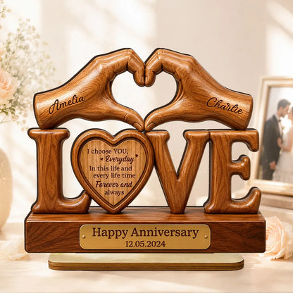 Personalized 2-Layer Wooden Plaque for Couple, Heart Hands Anniversary Unique Creative Gift