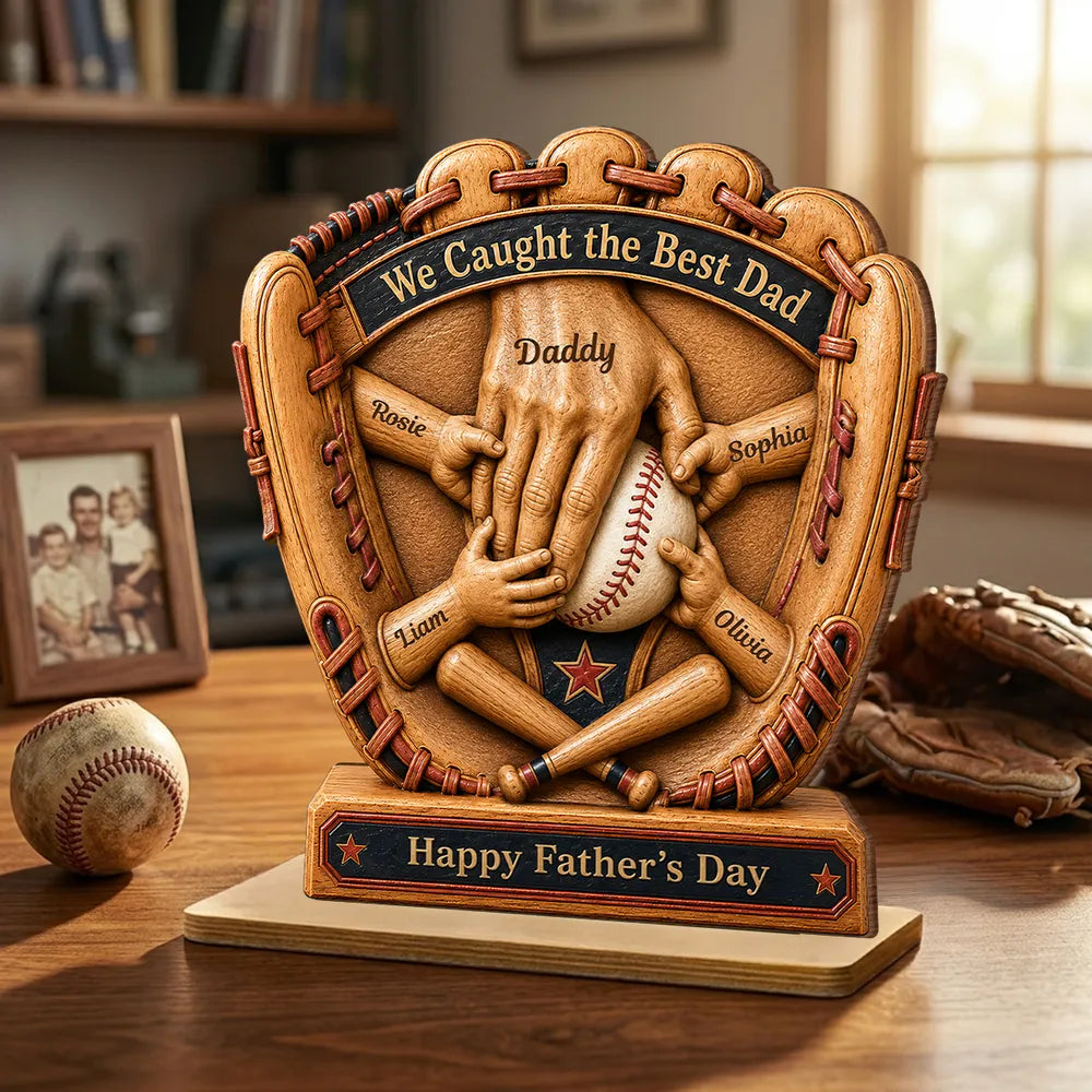 Personalized Wooden Plaque, Baseball Glove Dad & Kids' Hands, Unique Father's Day Gift for Dad