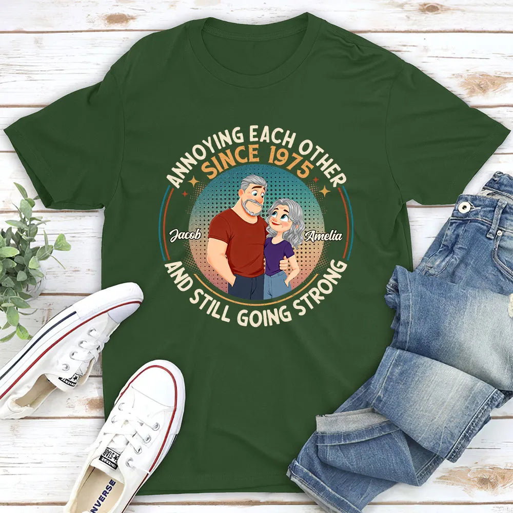 Personalized Classic Tee With Cartoon Couple, Still Going Strong, Unique Funny Gift for Husband & Wife