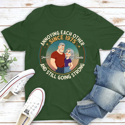 Personalized Classic Tee With Cartoon Couple, Still Going Strong, Unique Funny Gift for Husband & Wife