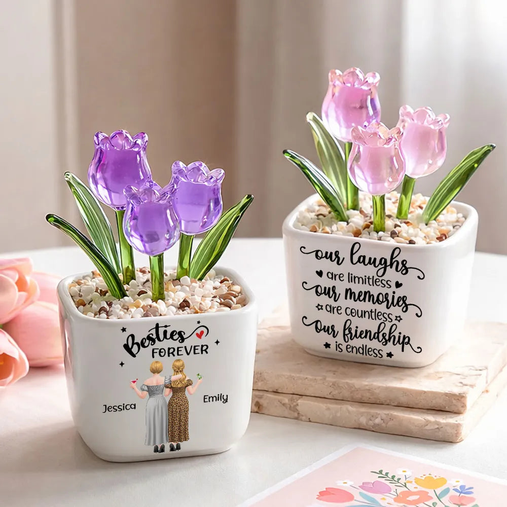 Personalized Square Glass Planter with Pink & Purple Tulips, Unique Gift for Side by Side Friends