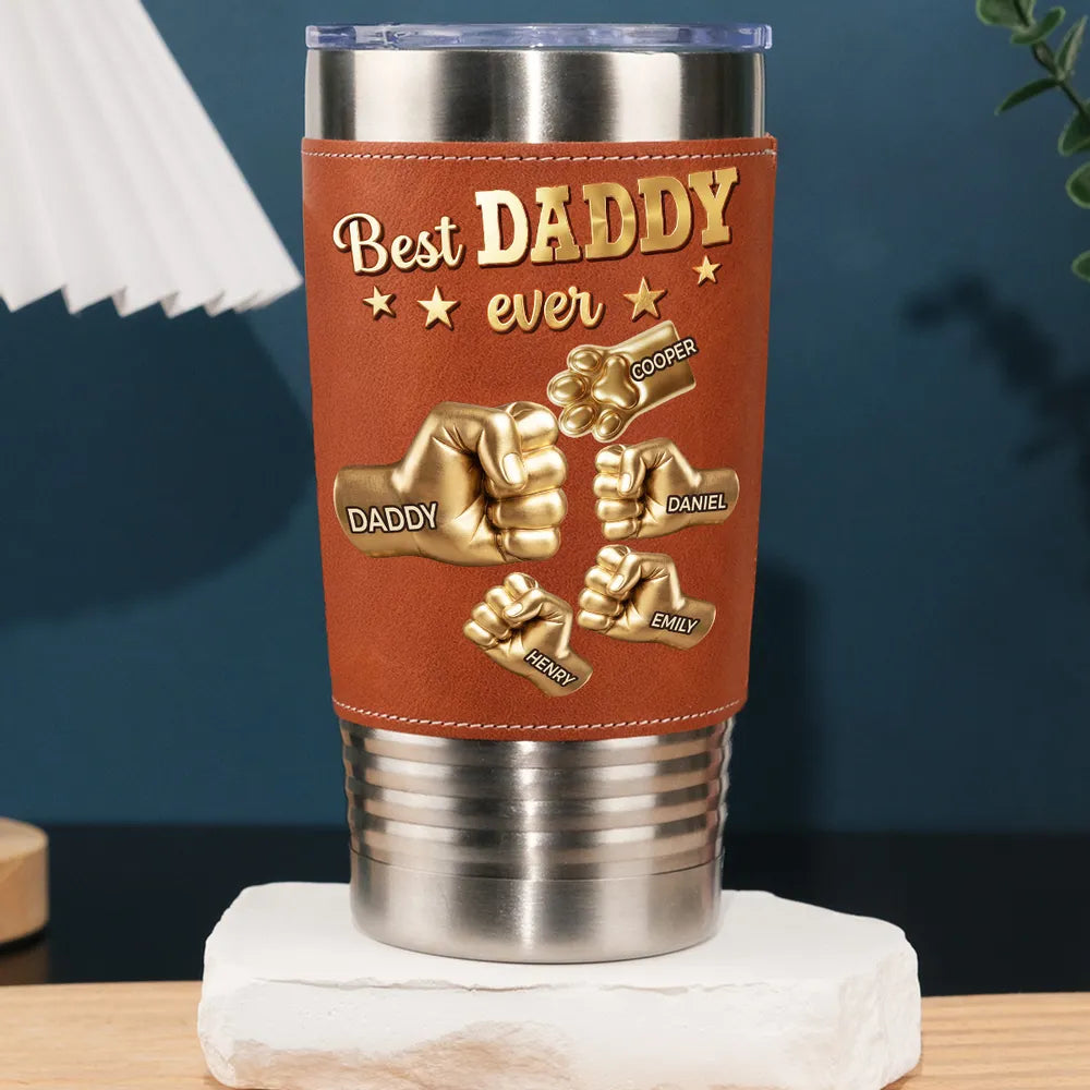 Custom Leather Wrapped Tumbler for Dad, Fist Bump & Paw Keepsake, Creative Gift from Family