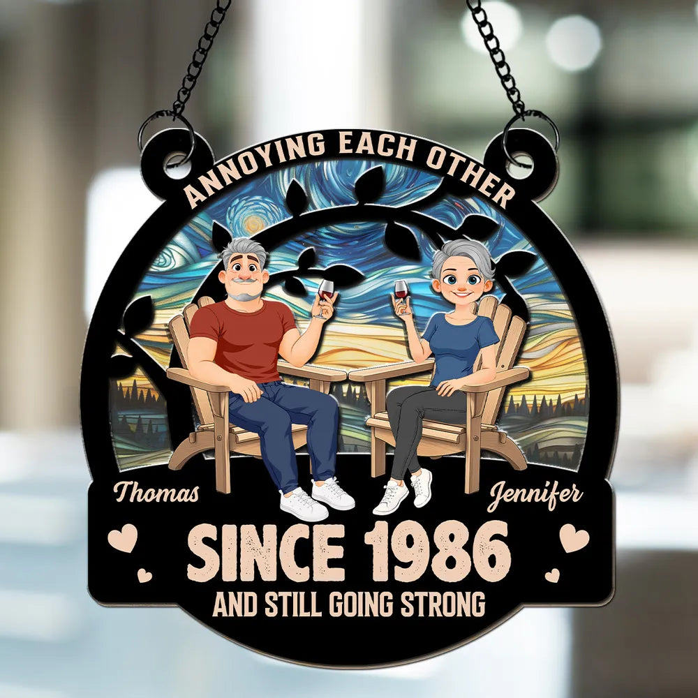 Personalized Wood and Acrylic Layered Ornament for Couple, Unique Anniversary Gift with Seated Wine Scene