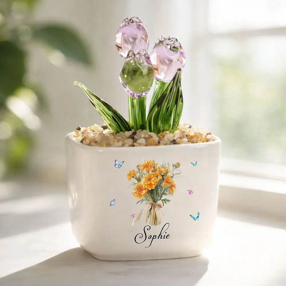 Personalized Square Glass Planter with Purple Tulips, Birth Month Flower Unique Creative Gift for Her