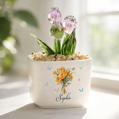 Personalized Square Glass Planter with Purple Tulips, Birth Month Flower Unique Creative Gift for Her