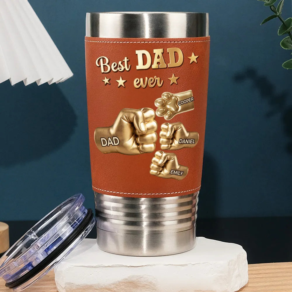 Custom Leather Wrapped Tumbler for Dad, Fist Bump & Paw Keepsake, Creative Gift from Family