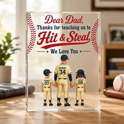 Personalized Acrylic Block Plaque, Baseball Dad & Kids Holding Hands, Unique Father's Day Gift for Dad
