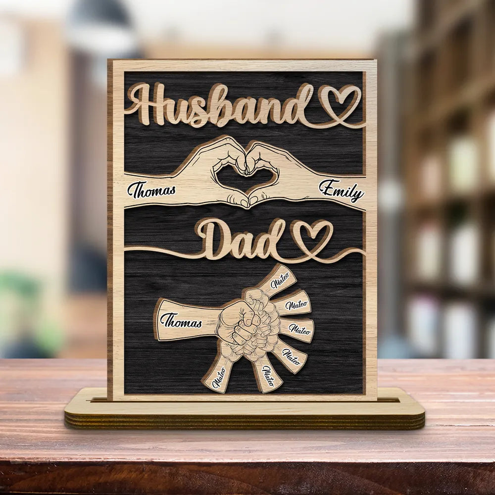 Personalized Wooden Plaque for Husband & Dad, Hand Heart Family Design, Unique Gift for Him