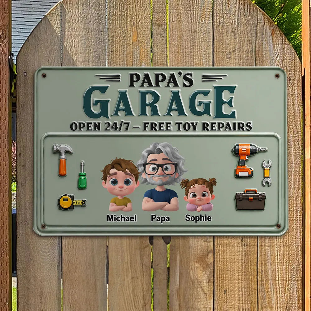 Personalized Rectangular Iron Sign, Papa Garage Cartoon, Unique Gift for Dad & Grandpa