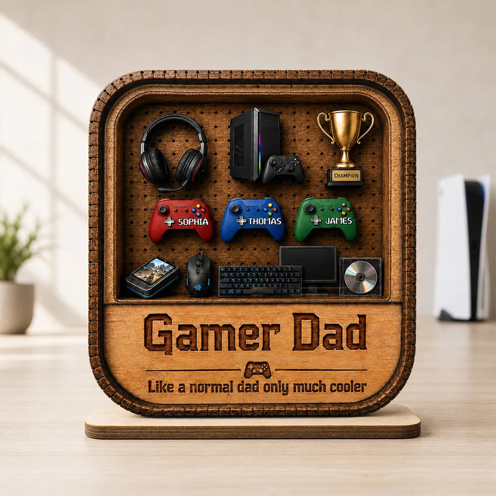 Gamer Dad 2-Layer Wooden Plaque, Personalized Gaming Shelf Display, Unique Gift for Dad
