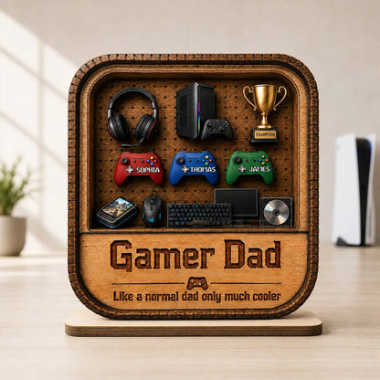 Gamer Dad 2-Layer Wooden Plaque, Personalized Gaming Shelf Display, Unique Gift for Dad