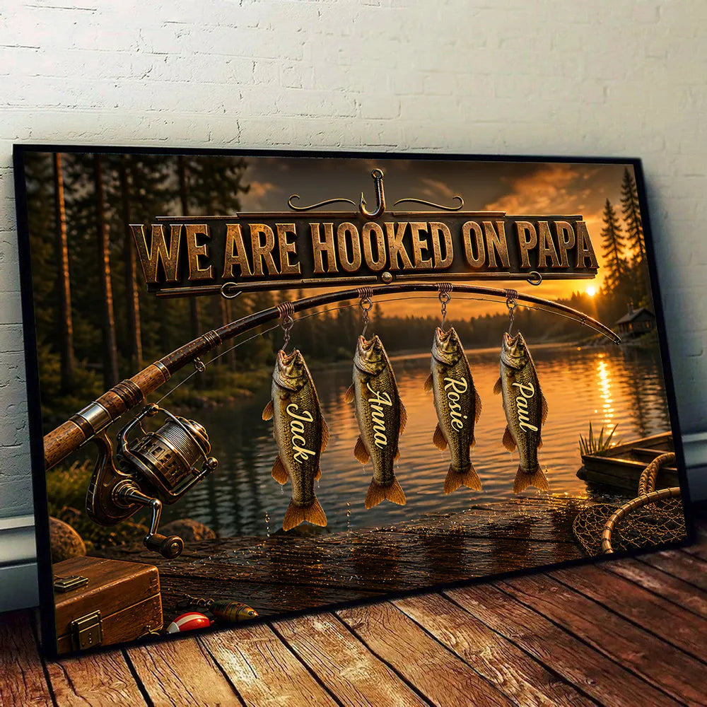 Fishing Rod Sunset Lake Poster, We Are Hooked On Papa, Unique Gift For Dad