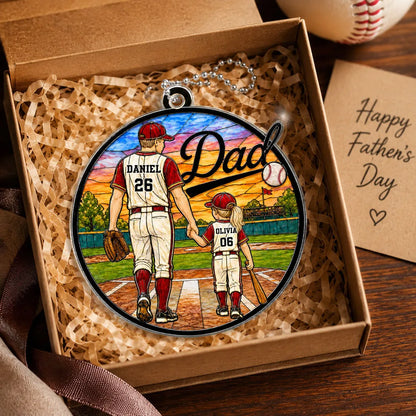 Personalized Acrylic Car Hanger, Baseball Dad & Kids Field Scene, Unique Gift for Dad with Daily Pride