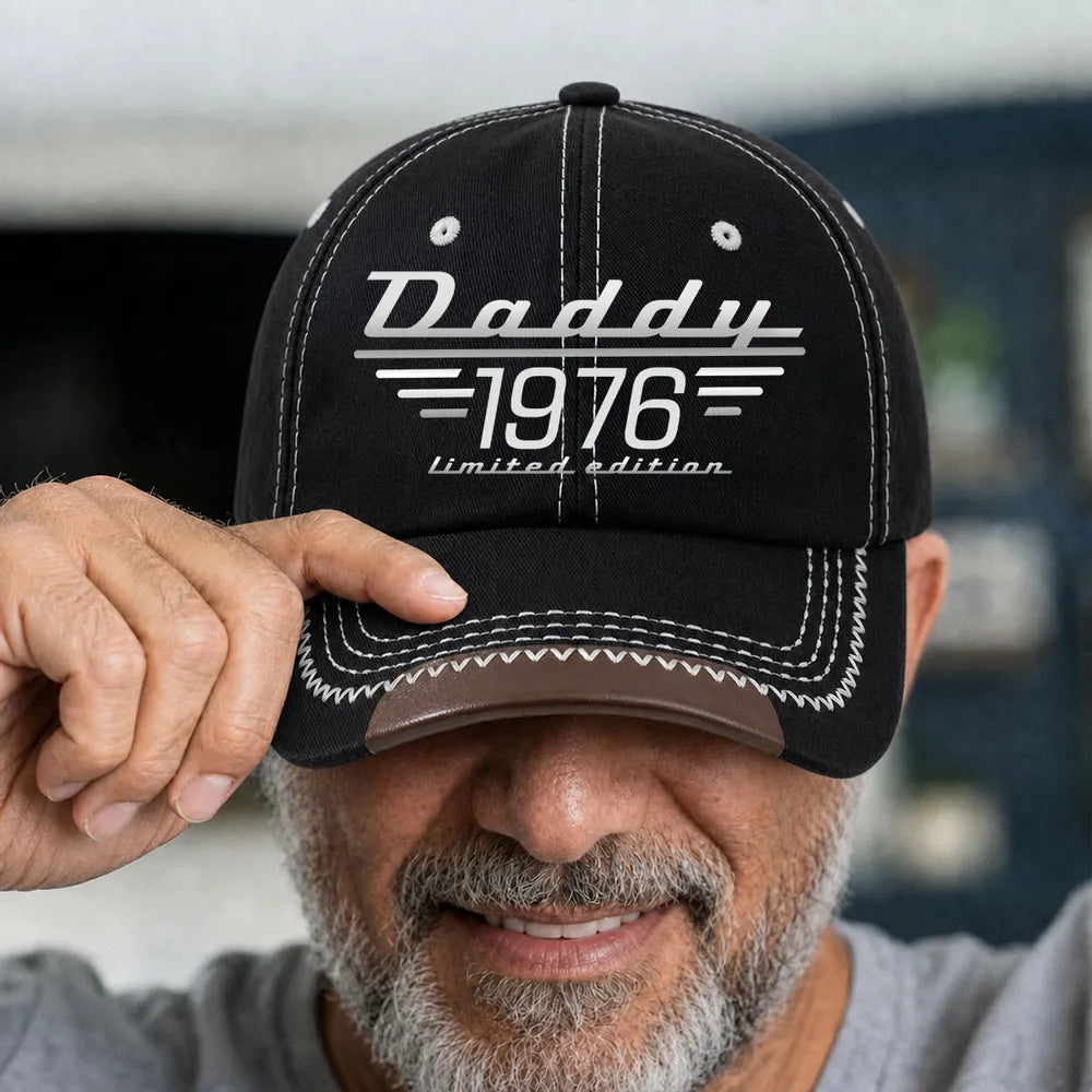 Leather Brim Cotton Cap, Custom Dad Style Baseball Look, Black Stitch Detail, Unique Gift for Dad