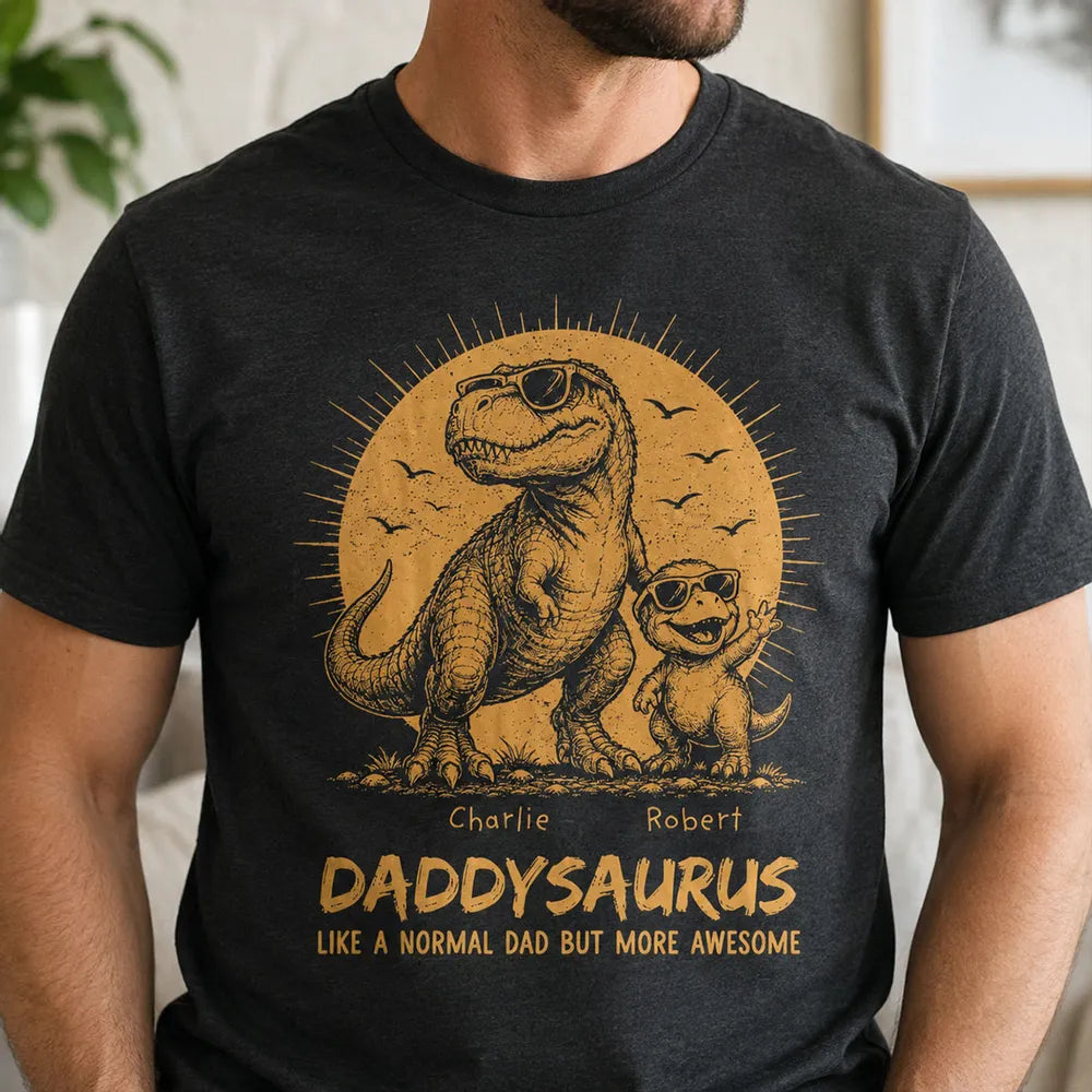Personalized Funny Daddysaurus Classic Tee, Vintage Yellow Sunglasses Dinosaur Art, Creative Gift For Husband
