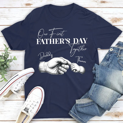 Our First Father's Day Together Classic Tee, Custom Dad Shirt with Baby Hand Art, Creative Gift