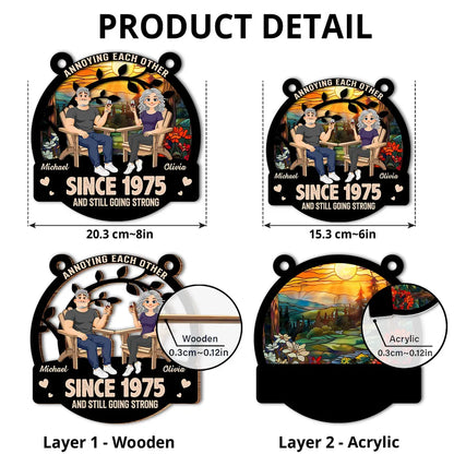 Personalized Wood and Acrylic Layered Ornament for Couple, Unique Anniversary Gift with Seated Wine Scene