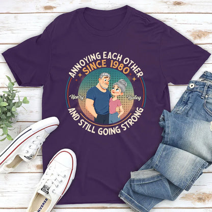 Personalized Classic Tee With Cartoon Couple, Still Going Strong, Unique Funny Gift for Husband & Wife