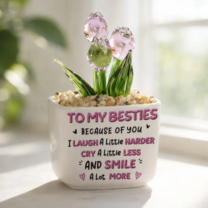Square Glass Planter for Friends, Custom Smile More Quote & Arm in Arm Illustration, Unique Creative Gift