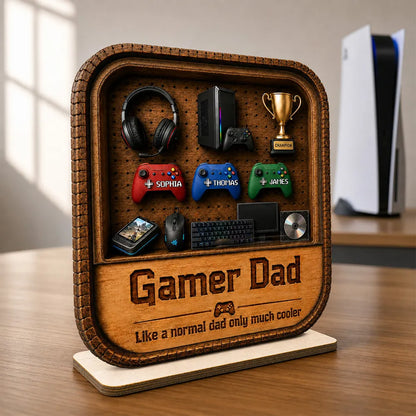 Gamer Dad 2-Layer Wooden Plaque, Personalized Gaming Shelf Display, Unique Gift for Dad