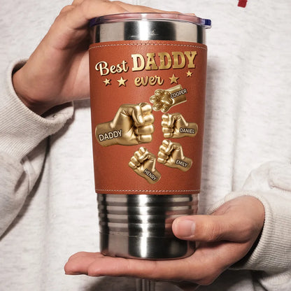 Custom Leather Wrapped Tumbler for Dad, Fist Bump & Paw Keepsake, Creative Gift from Family