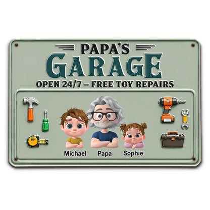 Personalized Rectangular Iron Sign, Papa Garage Cartoon, Unique Gift for Dad & Grandpa