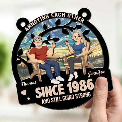 Personalized Wood and Acrylic Layered Ornament for Couple, Unique Anniversary Gift with Seated Wine Scene