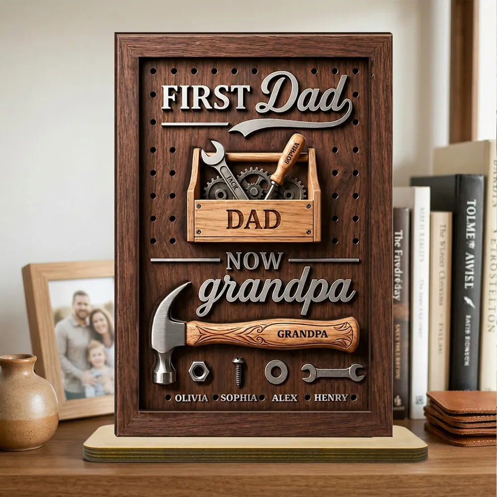 2-Layer Wooden Plaque Personalized First Dad Now Grandpa Tool Box Gift for Dad, Unique Grandpa Keepsake