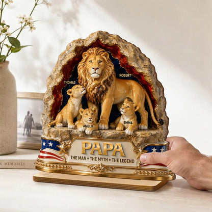 Personalized 2-Layer Wooden Plaque With Lion Dad & Cubs, Unique Father's Day Gift for Dad