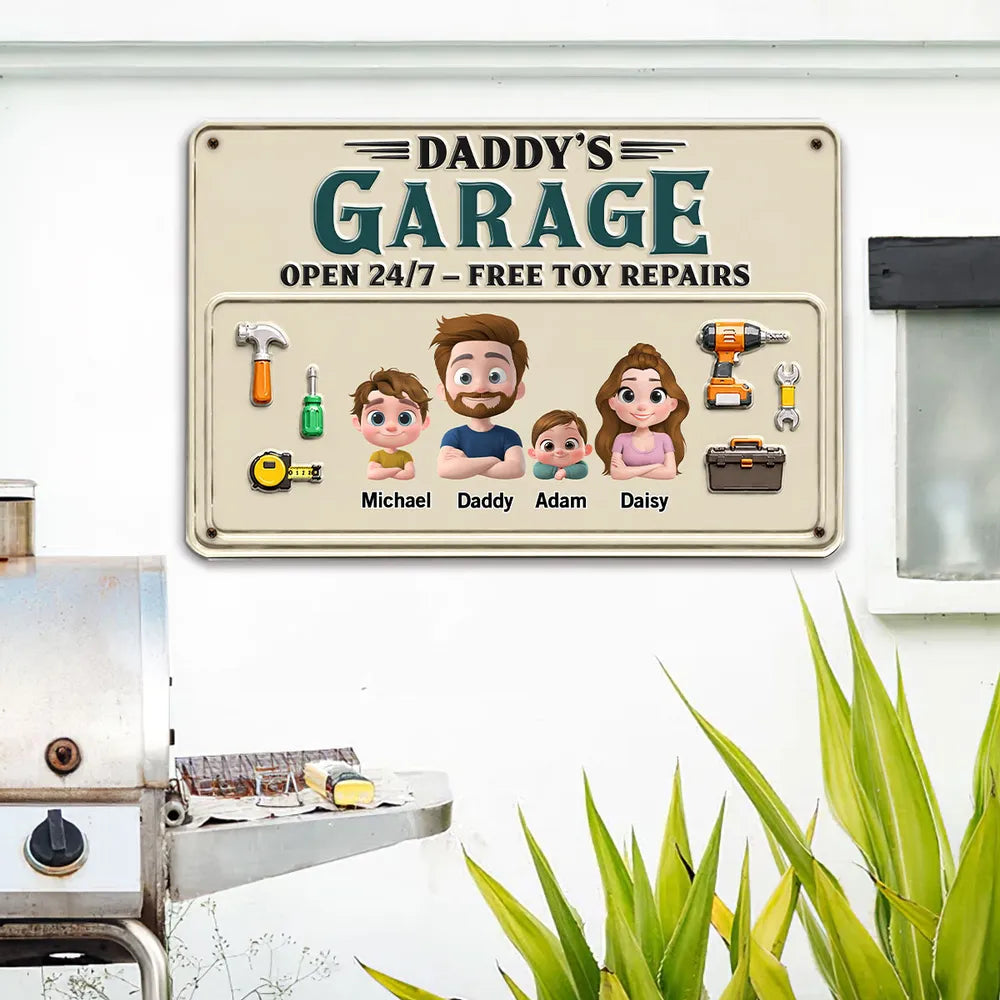 Personalized Rectangular Iron Sign, Papa Garage Cartoon, Unique Gift for Dad & Grandpa