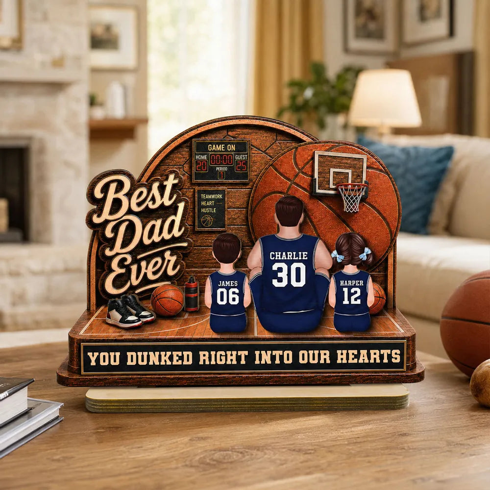 Personalized 2-Layer Wooden Plaque, Basketball Dad & Kids Back-View, Unique Creative Gift for Dad