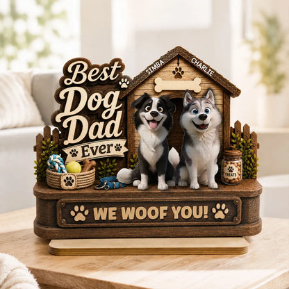 Personalized 2-Layer Wooden Plaque, Smiling Dogs by Doghouse, Unique Gift for Dog Dad