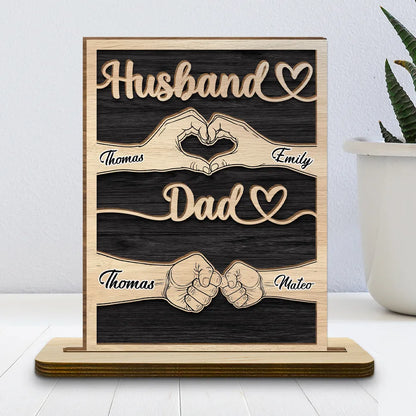 Personalized Wooden Plaque for Husband & Dad, Hand Heart Family Design, Unique Gift for Him