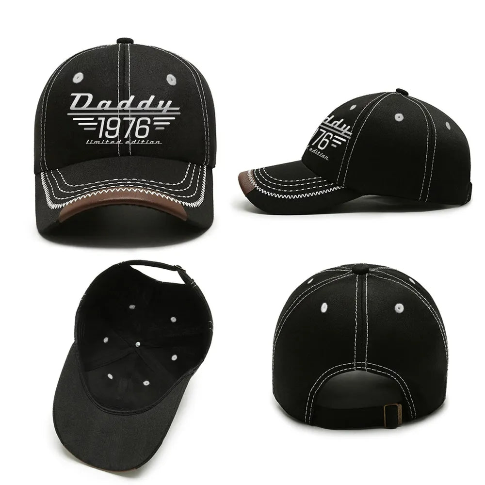 Leather Brim Cotton Cap, Custom Dad Style Baseball Look, Black Stitch Detail, Unique Gift for Dad