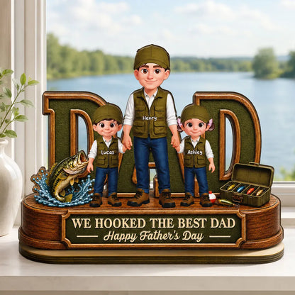Personalized 2-Layer Wooden Plaque for Fishing Dad, Dad and Kids Holding Hands, Unique Father's Day Gift
