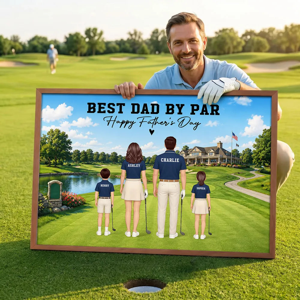 Personalized Golf Dad Poster, Standing Family on Golf Course, Unique Creative Gift for Father's Day
