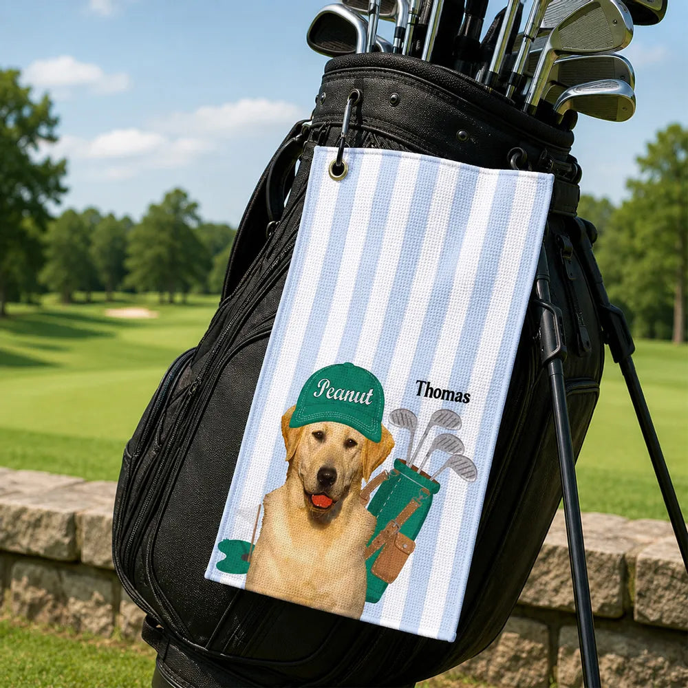 Personalized Waffle Weave Golf Towel With Dog Caddy Art, Unique Golf Course Gift For Dad