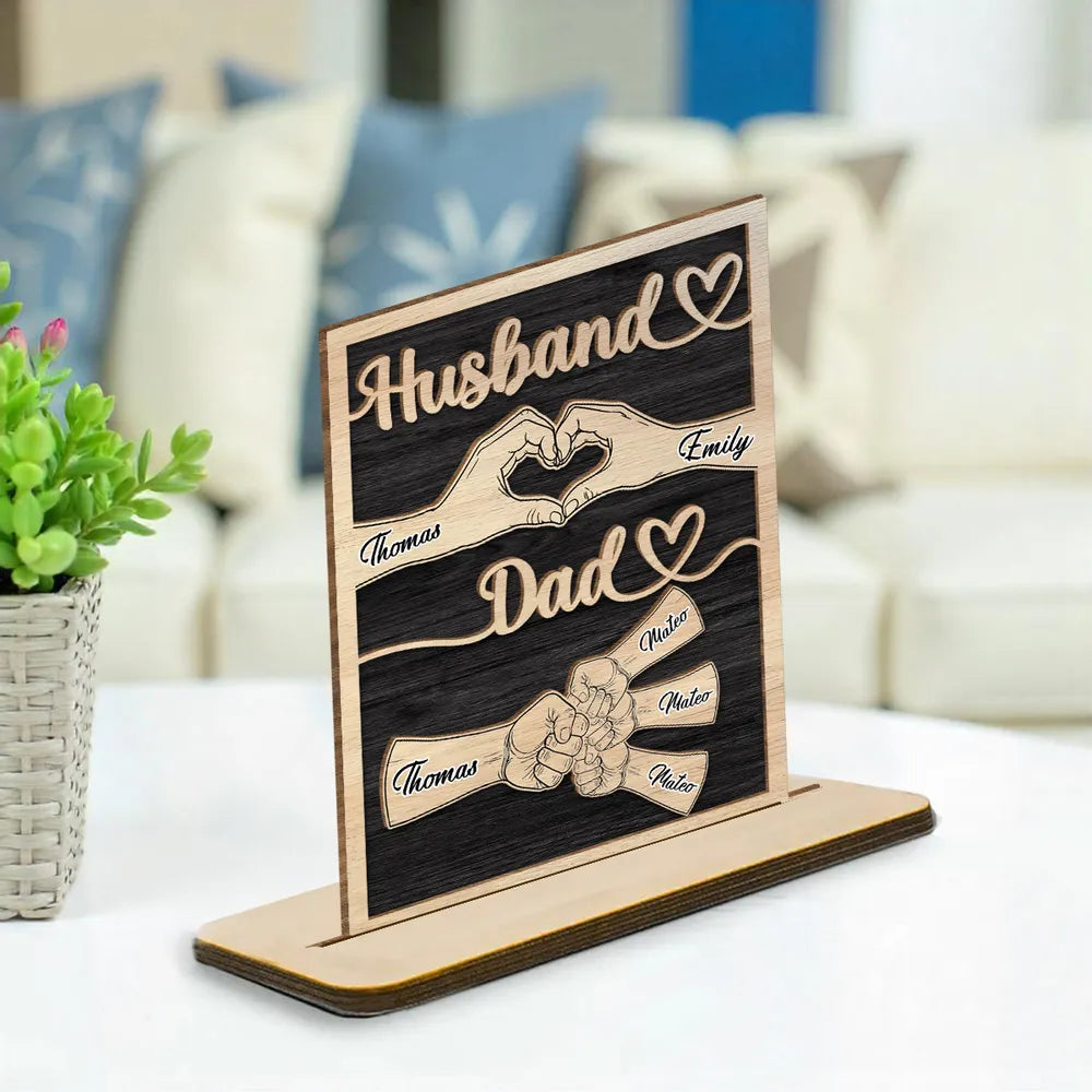 Personalized Wooden Plaque for Husband & Dad, Hand Heart Family Design, Unique Gift for Him
