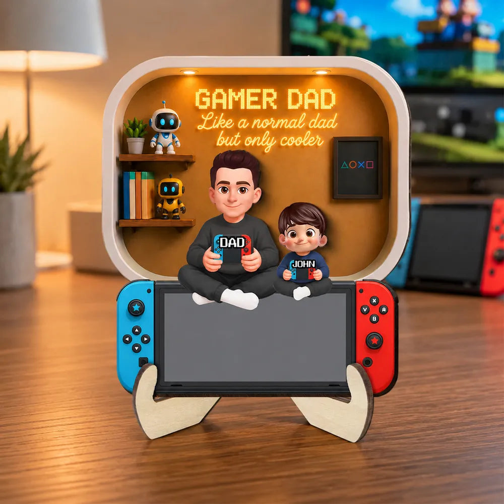 Personalized 2-Layer Wooden Plaque for Gamer Dad, Dad & Kids Holding Controllers Unique Gift