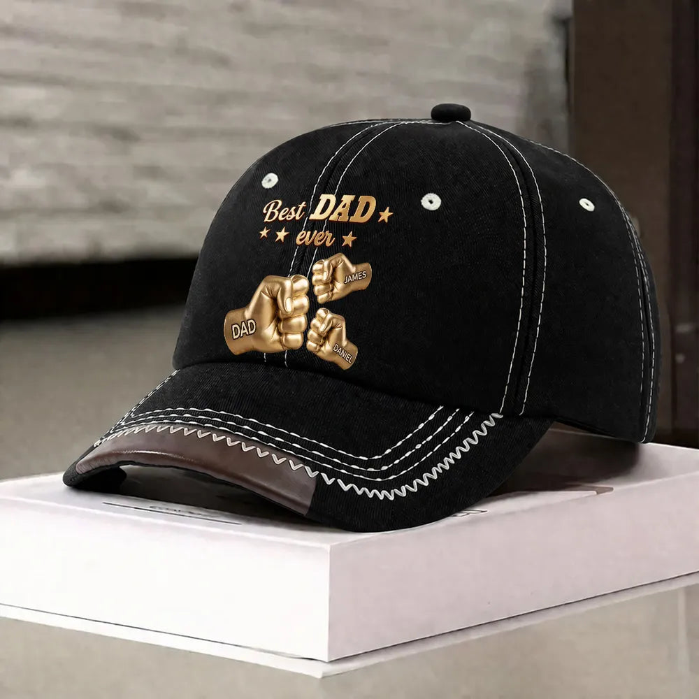 Personalized Leather Brim Cotton Cap, Gold Best Dad Ever Design, Unique Gift for Dad