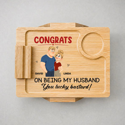 Wooden Couch Arm Table with Funny Husband Quote, Creative Custom Couple Gift for Cozy Sofa Coffee Moments