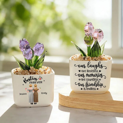 Personalized Square Glass Planter with Pink & Purple Tulips, Unique Gift for Side by Side Friends
