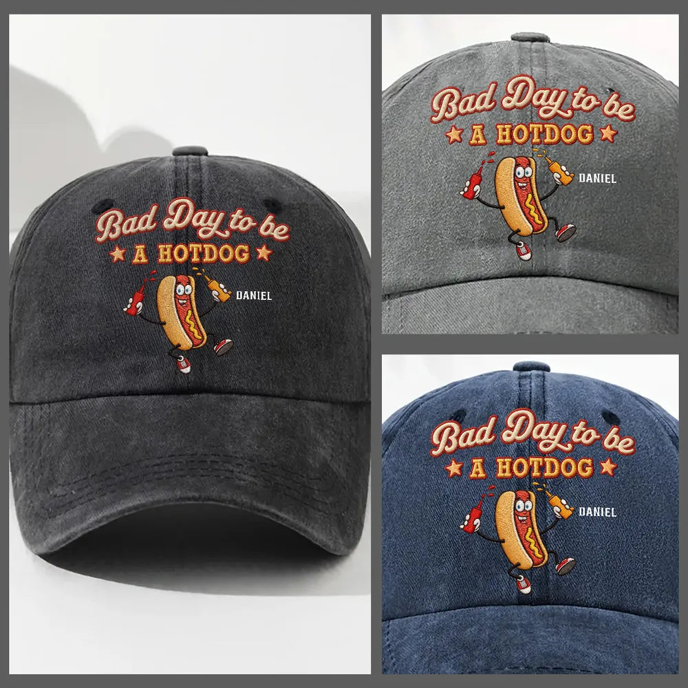 Personalized Washed Denim Baseball Cap, Bad Day to be A Hotdog, Unique BBQ Gift for Dad