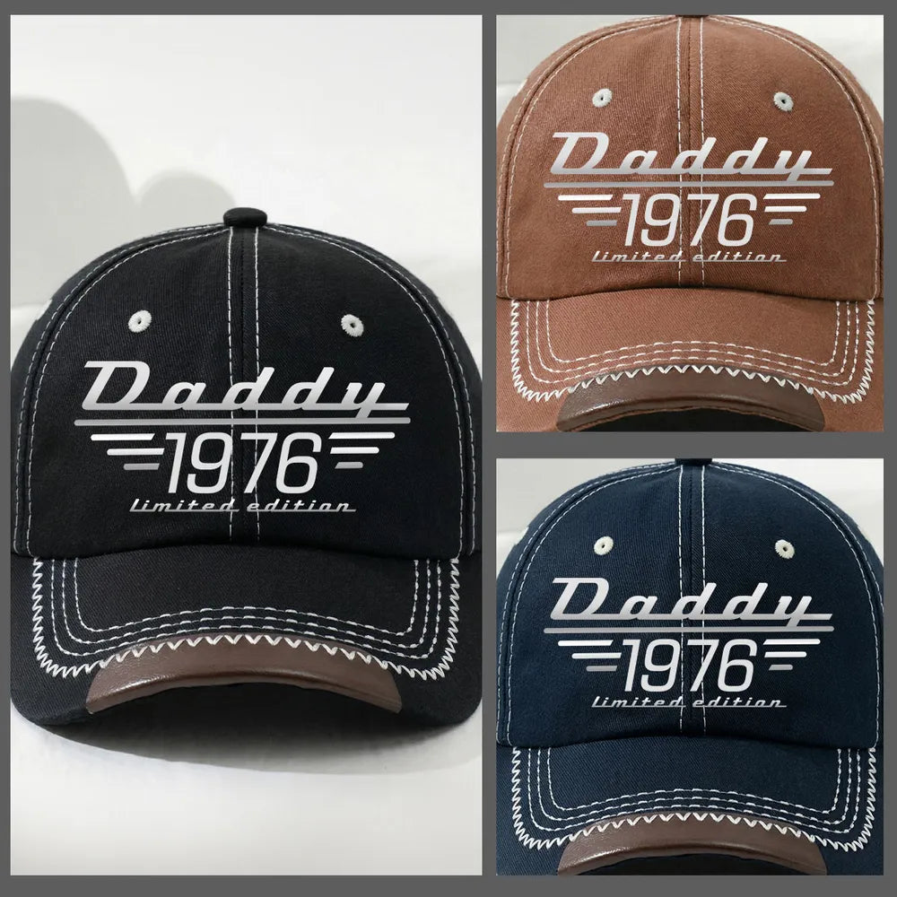 Leather Brim Cotton Cap, Custom Dad Style Baseball Look, Black Stitch Detail, Unique Gift for Dad