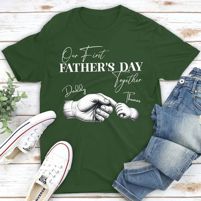 Our First Father's Day Together Classic Tee, Custom Dad Shirt with Baby Hand Art, Creative Gift